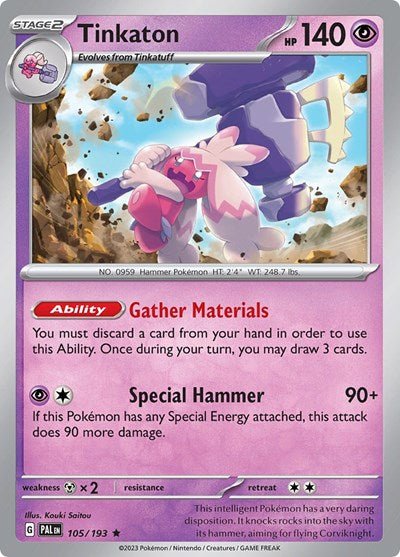 Pokémon card: Tinkaton 105/193 from Paldea Evolved (Rare), Psychic type, front of card