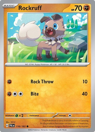 Pokémon card: Rockruff 116/193 from Paldea Evolved (Common), Fighting type, front of card