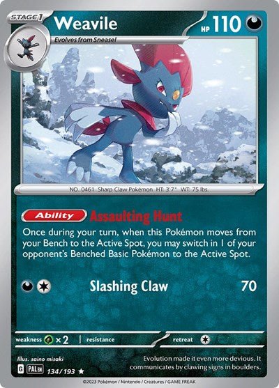 Pokémon card: Weavile 134/193 from Paldea Evolved (Rare), front of card