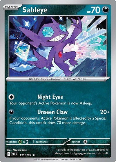 Pokémon card: Sableye 136/193 from Paldea Evolved (Rare), front of card