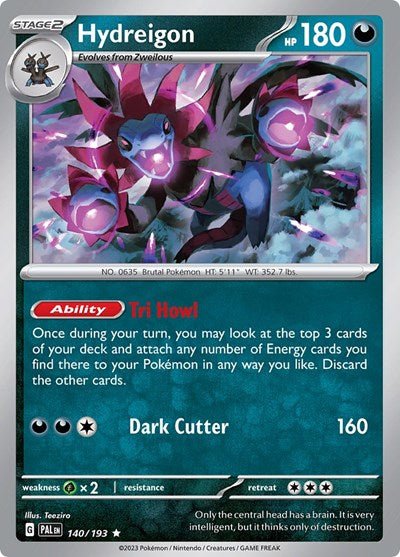 Pokémon card: Hydreigon 140/193 from Paldea Evolved (Rare), front of card