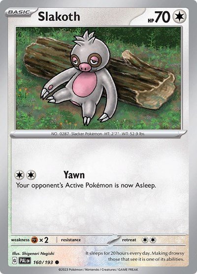 Pokémon card: Slakoth 160/193 from Paldea Evolved (Common), Colorless type, front of card