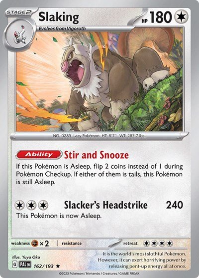 Pokémon card: Slaking 162/193 from Paldea Evolved (Rare), Colorless type, front of card