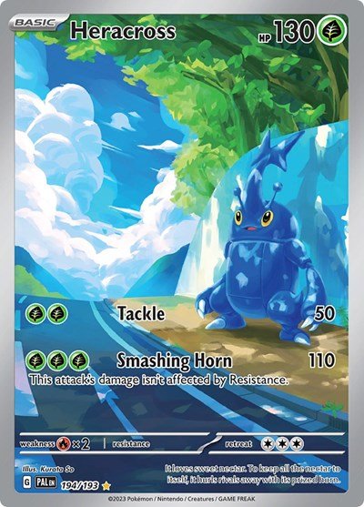 Pokémon card: Heracross 194/193 from Paldea Evolved (Illustration Rare), Grass type, front of card