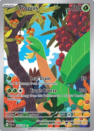 Pokémon card: Tropius 195/193 from Paldea Evolved (Illustration Rare), Grass type, front of card