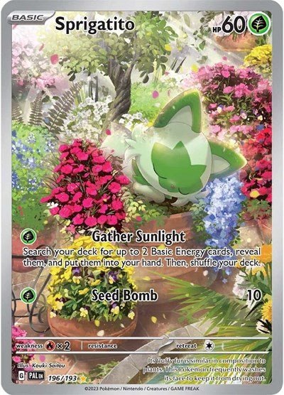 Pokémon card: Sprigatito 196/193 from Paldea Evolved (Illustration Rare), Grass type, front of card