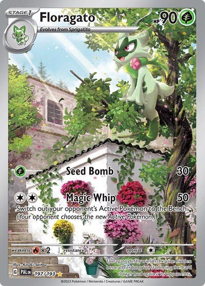 Pokémon card: Floragato 197/193 from Paldea Evolved (Illustration Rare), Grass type, front of card
