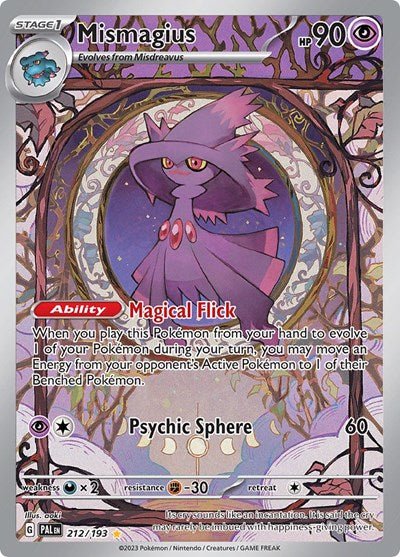 Pokémon card: Mismagius 212/193 from Paldea Evolved (Illustration Rare), Psychic type, front of card