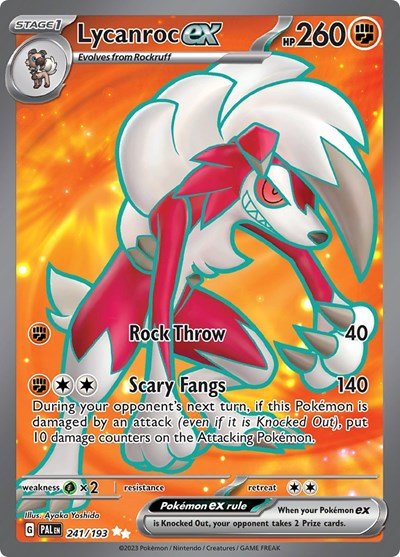 Pokémon card: Lycanroc ex 241/193 from Paldea Evolved (Ultra Rare), Fighting type, front of card