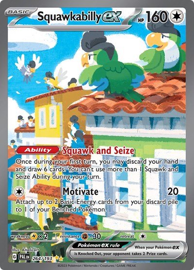 Pokémon card: Squawkabilly ex 264/193 from Paldea Evolved (Special Illustration Rare), Colorless type, front of card