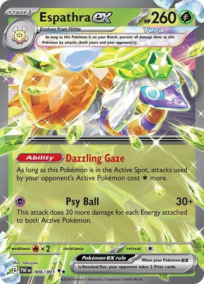 Pokémon card: Espathra ex 006/091 from Paldean Fates (Double Rare), Grass type, front of card