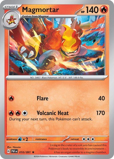 Pokémon card: Magmortar 010/091 from Paldean Fates (Rare), Fire type, front of card