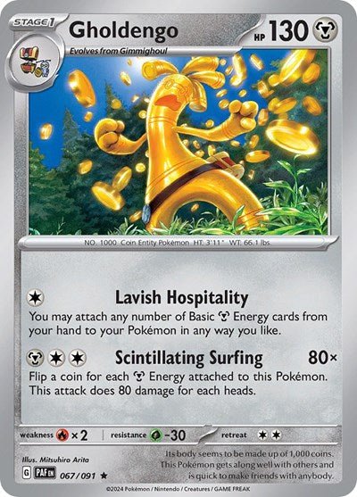 Pokémon card: Gholdengo 067/091 from Paldean Fates (Rare), Metal type, front of card