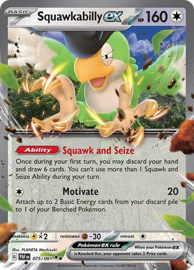 Pokémon card: Squawkabilly ex 075/091 from Paldean Fates (Double Rare), Colorless type, front of card