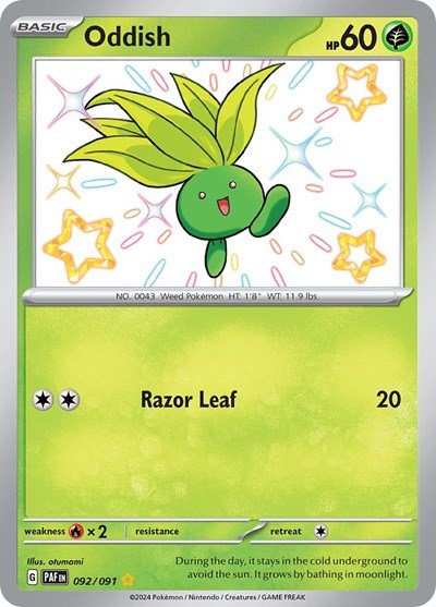 Pokémon card: Oddish 092/091 from Paldean Fates (Shiny Rare), Grass type, front of card