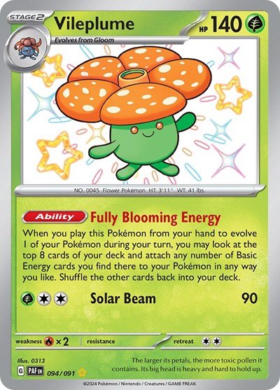 Pokémon card: Vileplume 094/091 from Paldean Fates (Shiny Rare), Grass type, front of card