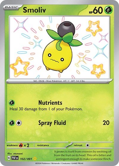 Pokémon card: Smoliv 102/091 from Paldean Fates (Shiny Rare), Grass type, front of card