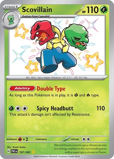 Pokémon card: Scovillain 107/091 from Paldean Fates (Shiny Rare), Grass type, front of card