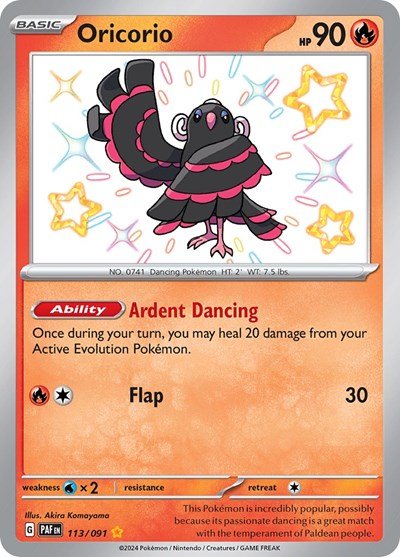 Pokémon card: Oricorio 113/091 from Paldean Fates (Shiny Rare), Fire type, front of card