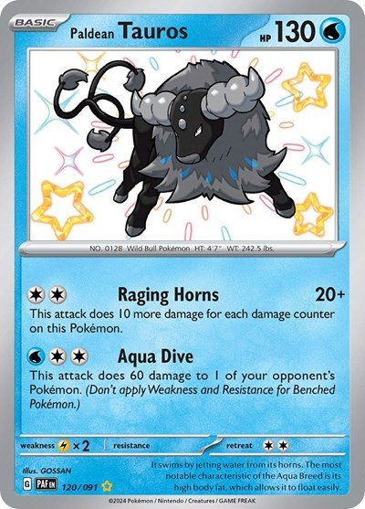 Pokémon card: Paldean Tauros 120/091 from Paldean Fates (Shiny Rare), Water type, front of card