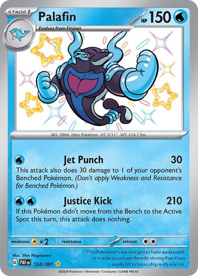 Pokémon card: Palafin 124/091 from Paldean Fates (Shiny Rare), Water type, front of card