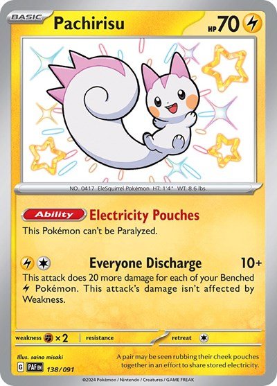 Pokémon card: Pachirisu 138/091 from Paldean Fates (Shiny Rare), Lightning type, front of card