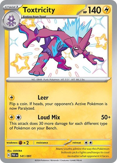 Pokémon card: Toxtricity 141/091 from Paldean Fates (Shiny Rare), Lightning type, front of card