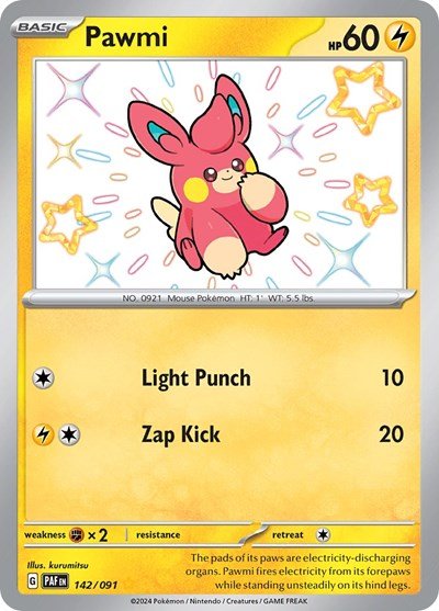 Pokémon card: Pawmi 142/091 from Paldean Fates (Shiny Rare), Lightning type, front of card