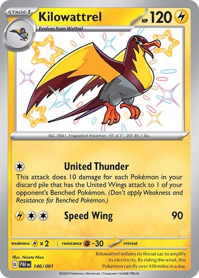Pokémon card: Kilowattrel 146/091 from Paldean Fates (Shiny Rare), Lightning type, front of card