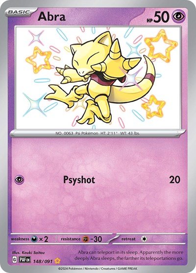 Pokémon card: Abra 148/091 from Paldean Fates (Shiny Rare), Psychic type, front of card