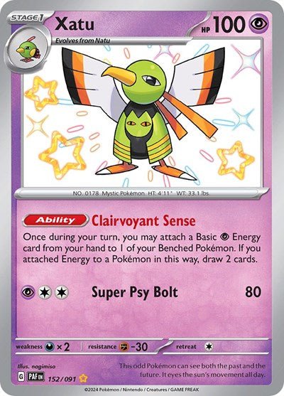Pokémon card: Xatu 152/091 from Paldean Fates (Shiny Rare), Psychic type, front of card