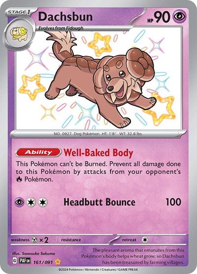 Pokémon card: Dachsbun 161/091 from Paldean Fates (Shiny Rare), Psychic type, front of card