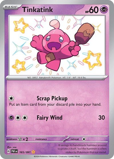 Pokémon card: Tinkatink 165/091 from Paldean Fates (Shiny Rare), Psychic type, front of card