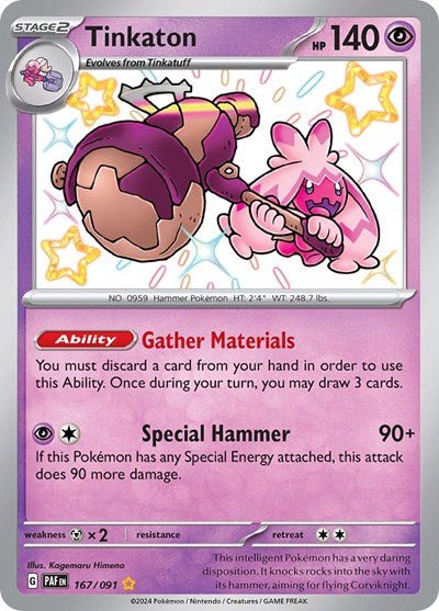 Pokémon card: Tinkaton 167/091 from Paldean Fates (Shiny Rare), Psychic type, front of card
