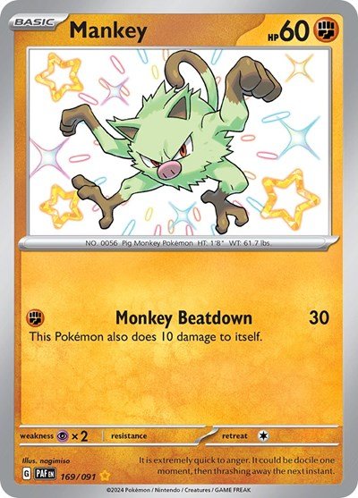 Pokémon card: Mankey 169/091 from Paldean Fates (Shiny Rare), Fighting type, front of card