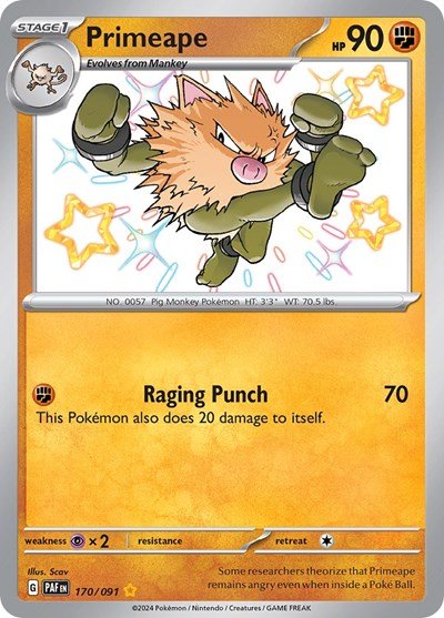 Pokémon card: Primeape 170/091 from Paldean Fates (Shiny Rare), Fighting type, front of card