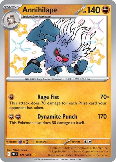 Pokémon card: Annihilape 171/091 from Paldean Fates (Shiny Rare), Fighting type, front of card