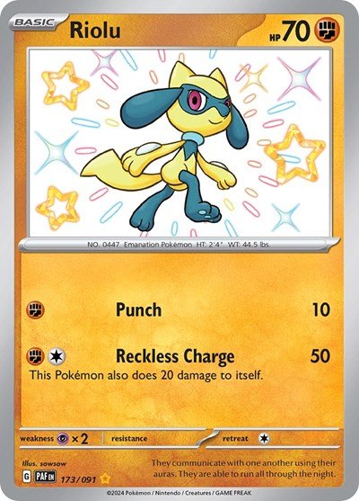 Pokémon card: Riolu 173/091 from Paldean Fates (Shiny Rare), Fighting type, front of card