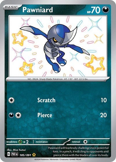 Pokémon card: Pawniard 185/091 from Paldean Fates (Shiny Rare), Darkness type, front of card