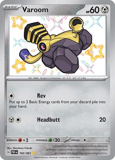 Pokémon card: Varoom 192/091 from Paldean Fates (Shiny Rare), Metal type, front of card