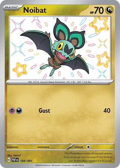 Pokémon card: Noibat 194/091 from Paldean Fates (Shiny Rare), Dragon type, front of card