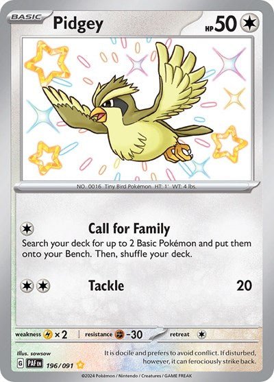 Pokémon card: Pidgey 196/091 from Paldean Fates (Shiny Rare), Colorless type, front of card