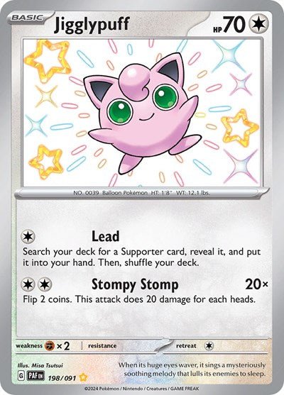 Pokémon card: Jigglypuff 198/091 from Paldean Fates (Shiny Rare), Colorless type, front of card