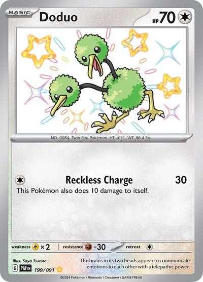 Pokémon card: Doduo 199/091 from Paldean Fates (Shiny Rare), Colorless type, front of card
