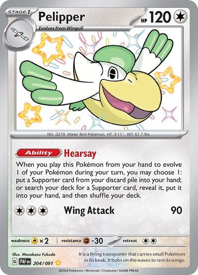 Pokémon card: Pelipper 204/091 from Paldean Fates (Shiny Rare), Colorless type, front of card