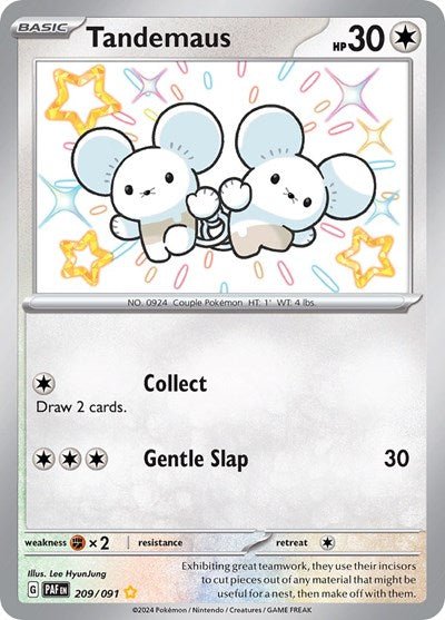 Pokémon card: Tandemaus 209/091 from Paldean Fates (Shiny Rare), Colorless type, front of card