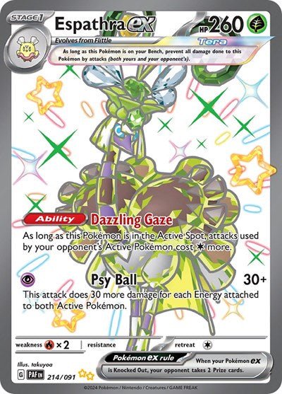 Pokémon card: Espathra ex 214/091 from Paldean Fates (Shiny Ultra Rare), Grass type, front of card