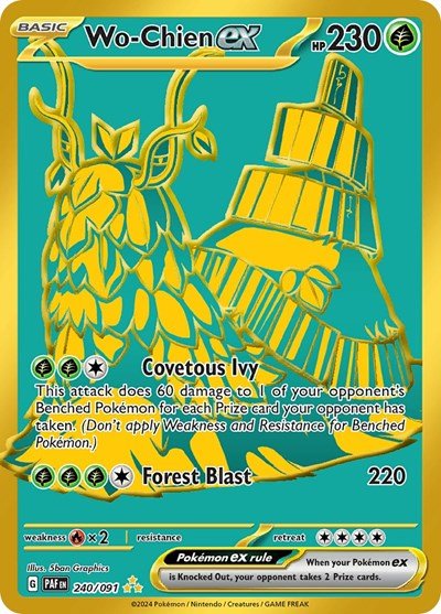 Pokémon card: Wo-Chien ex 240/091 from Paldean Fates (Hyper Rare), Grass type, front of card