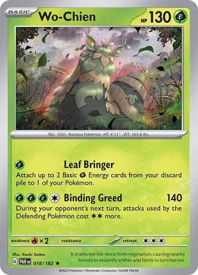 Pokémon card: Wo-Chien 018/182 from Paradox Rift (Rare), Grass type, front of card