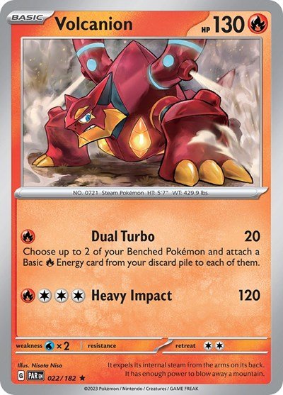 Pokémon card: Volcanion 022/182 from Paradox Rift (Rare), Fire type, front of card